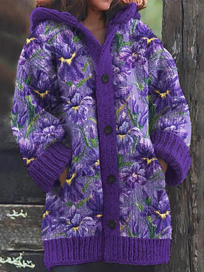 Women's Purple Floral Pattern Print Sweater