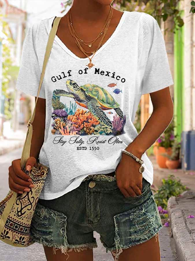 Women's Gulf Of Mexico Print V Neck Casual T-Shirt