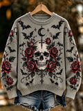 "vintage Gothic Halloween Skull Red Rose Bat Moon Knit Sweater  "