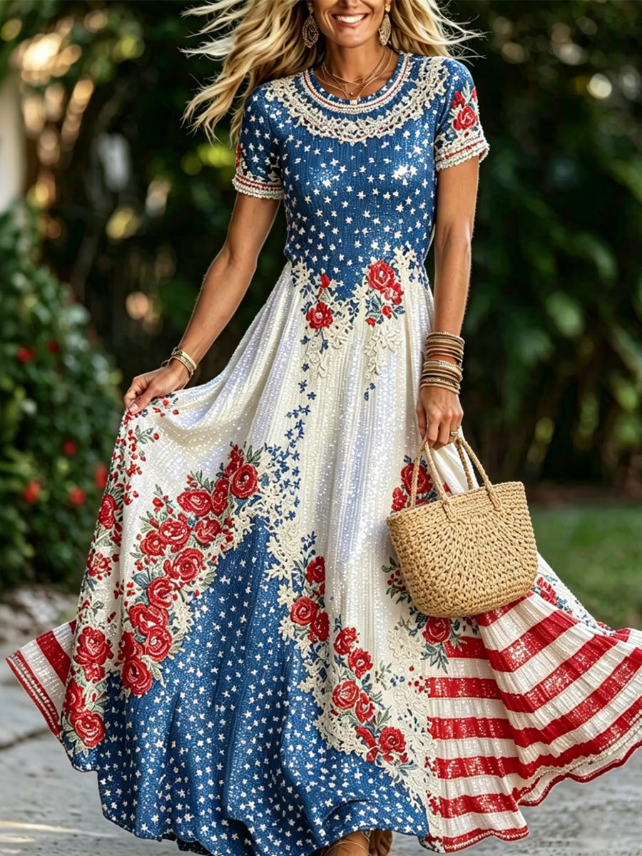 Women's Retro 250th Anniversary Flower Art Printed Dress
