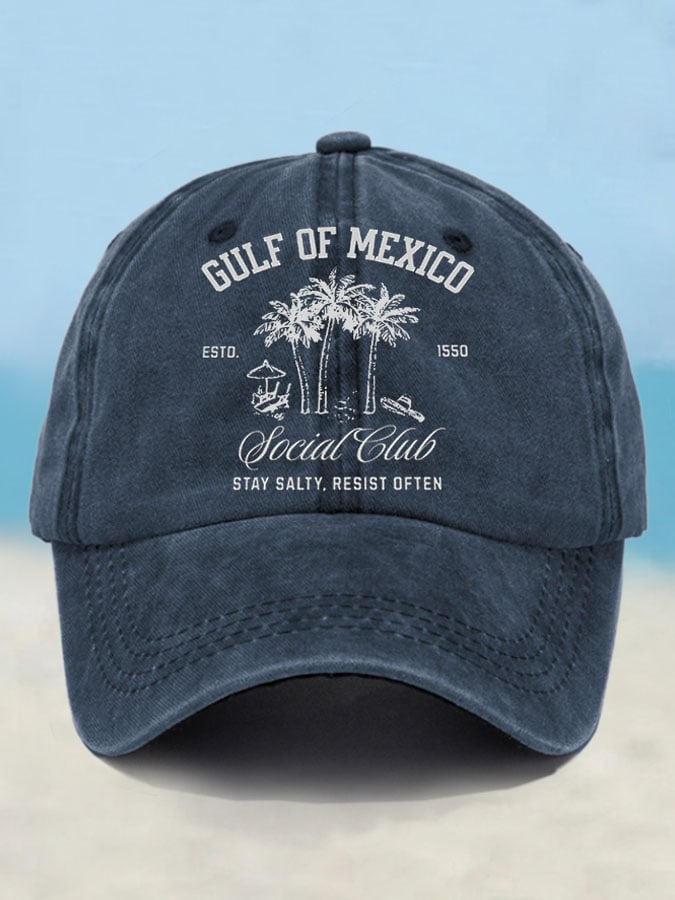 Retro Gulf Of Mexico Social Club Stay Salty Resist Often Est 1550 Printed Baseball Cap