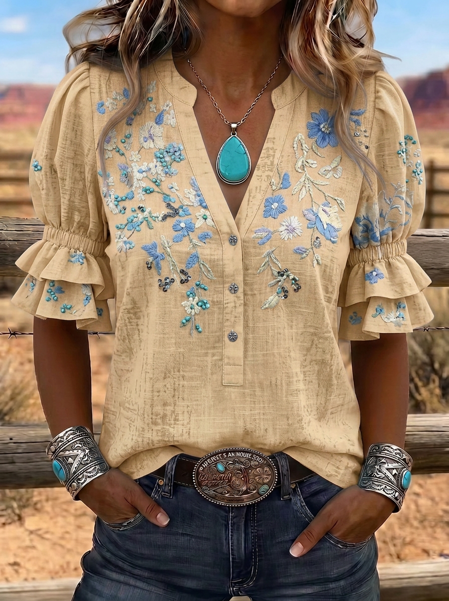 Women's Western Vintage Floral Embroidered Printed Top