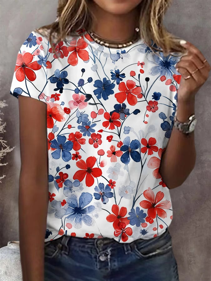 Women's Red White And Blue Floral Print T-Shirt
