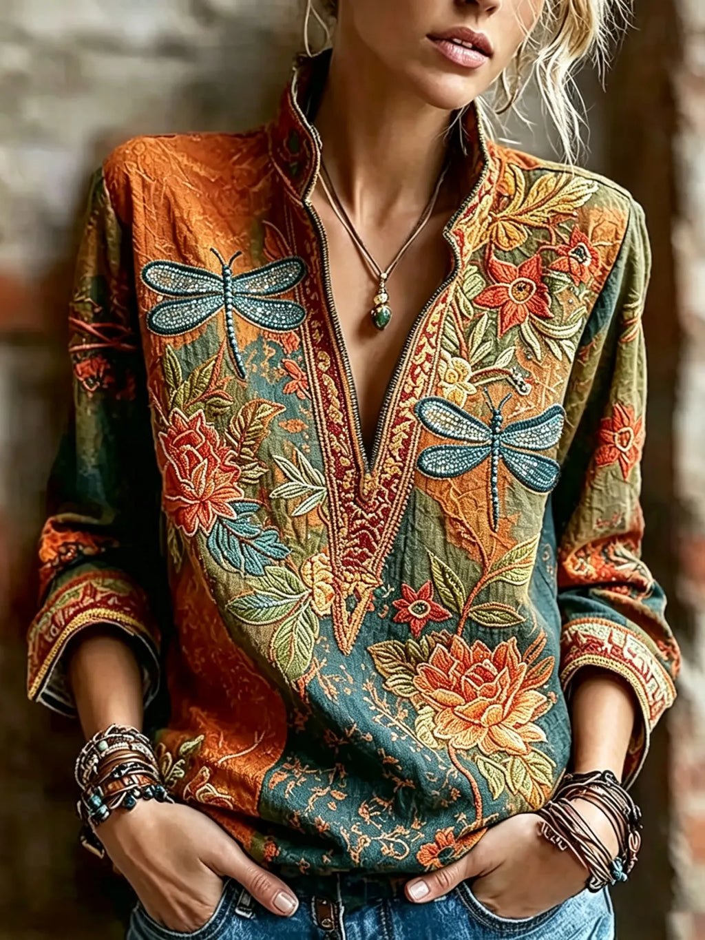 Women's Hippie Floral And Dragonfly In Patchwork Pattern Art Embroidered Linen Blend Long Sleeve Shirts