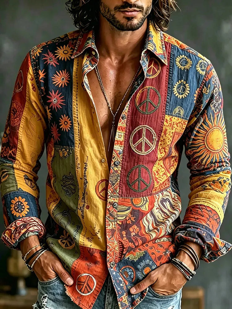 Men's Retro Hippie Peace Logo Color Block Print Casual Shirt