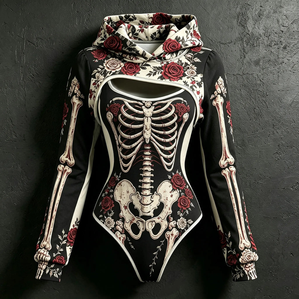 Women's Retro Color Block Bone Rose Print Hoodie Two-piece Set