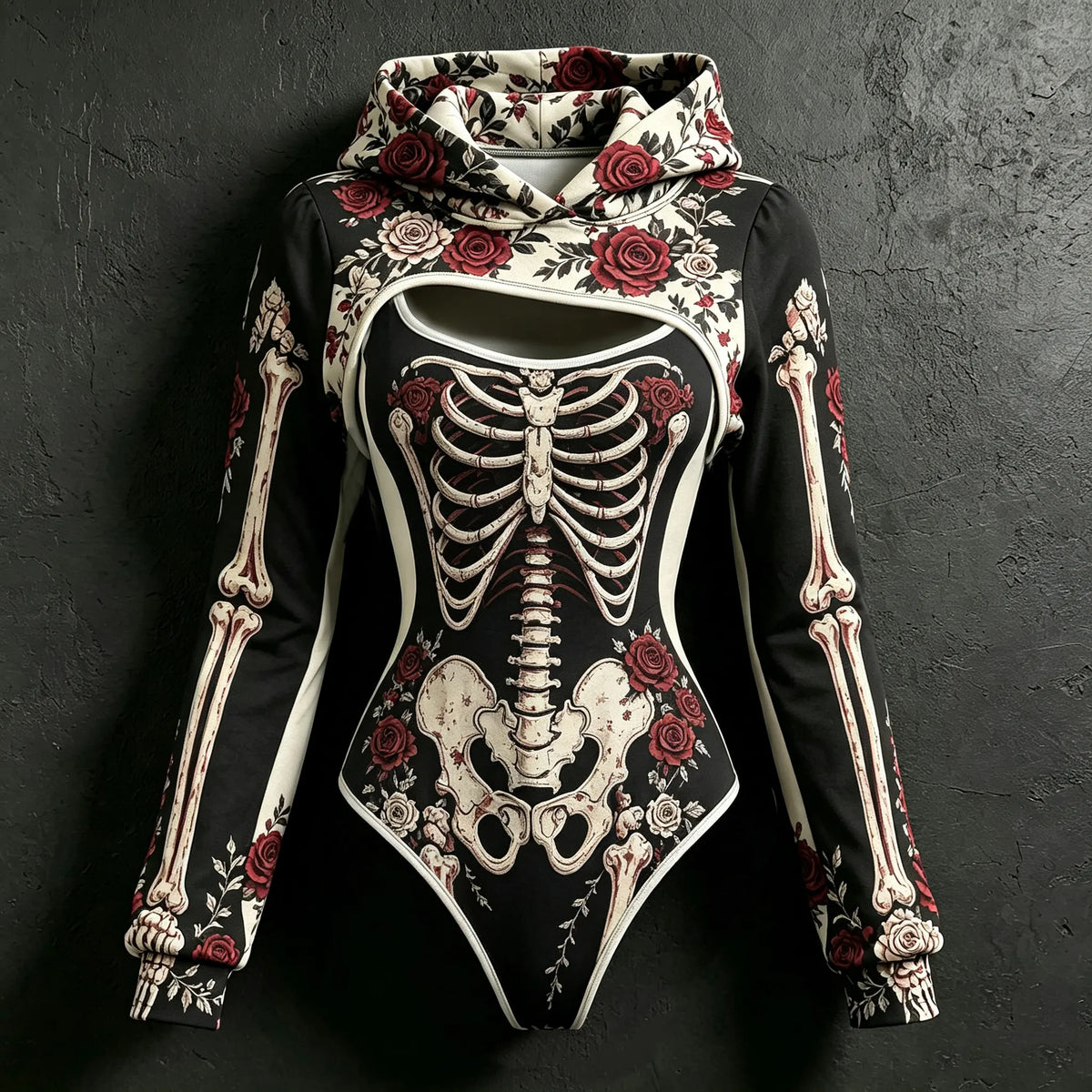 Women's Retro Color Block Bone Rose Print Hoodie Two-piece Set