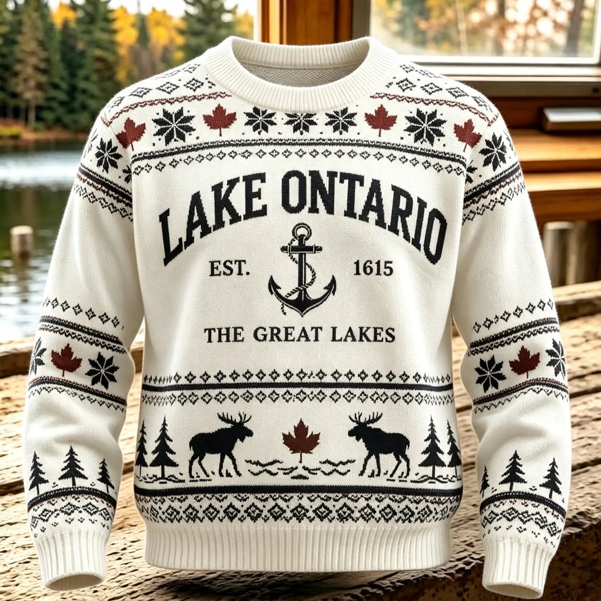 1615 Lake Ontario Canada Icelandic Style Jacquard Knit Warm Sweater