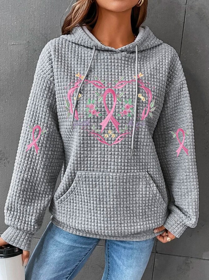 Women's Breast Cancer Pink Flower Print Casual Sweet Hooded Sweatshirt