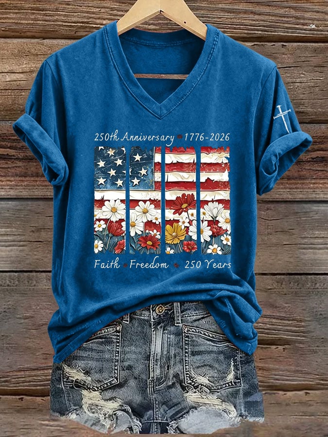 Women's Casual 250th Anniversary Faith Freedom 250YEARS Print Short-Sleeve T-Shirt