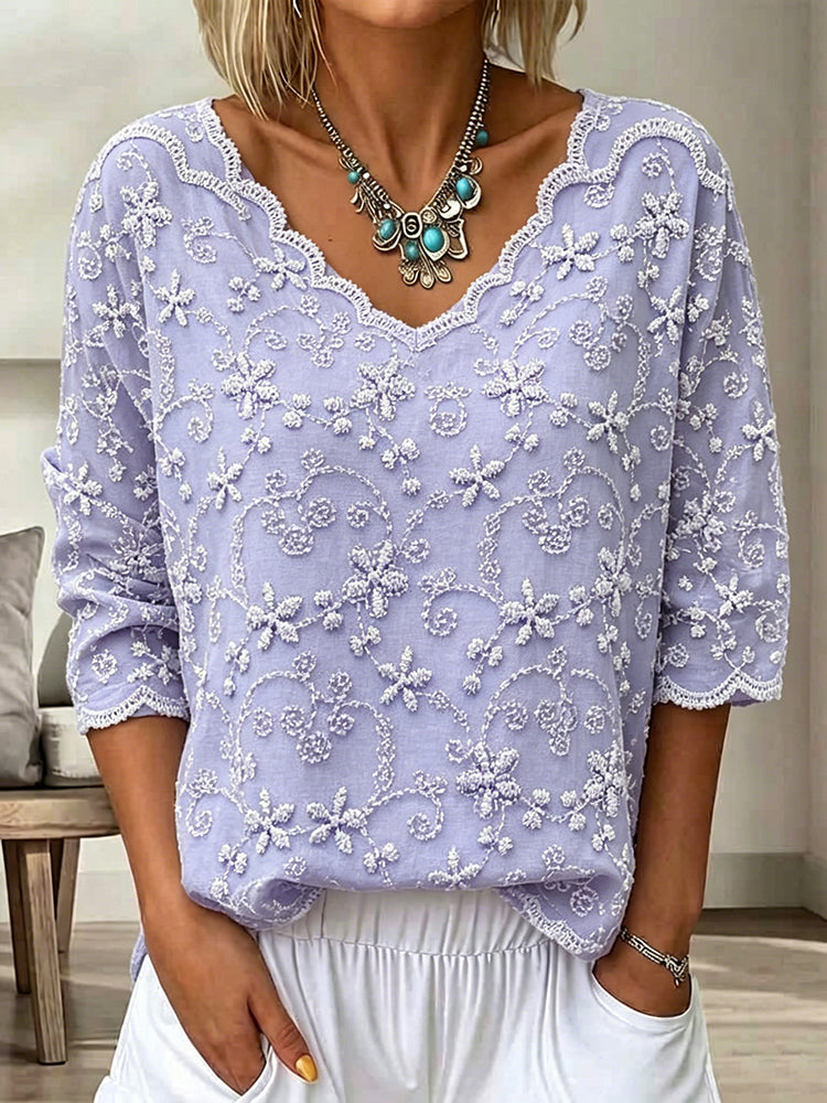 Women's Retro Floral Print Three-quarter Sleeve T-shirt