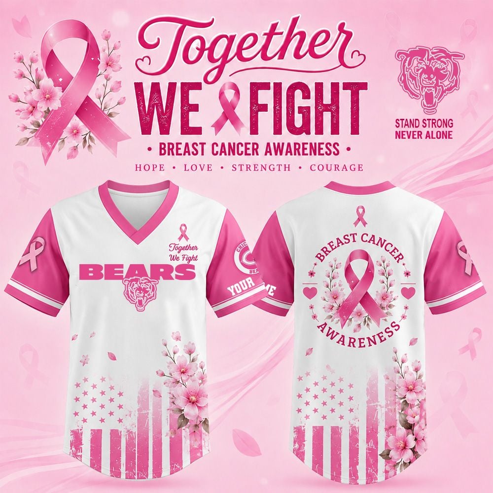 Breast Cancer Awareness Baseball Jersey, Pink Ribbon Cancer Support Edition, Bears Fan Gift - V-neck Short Sleeve Jersey