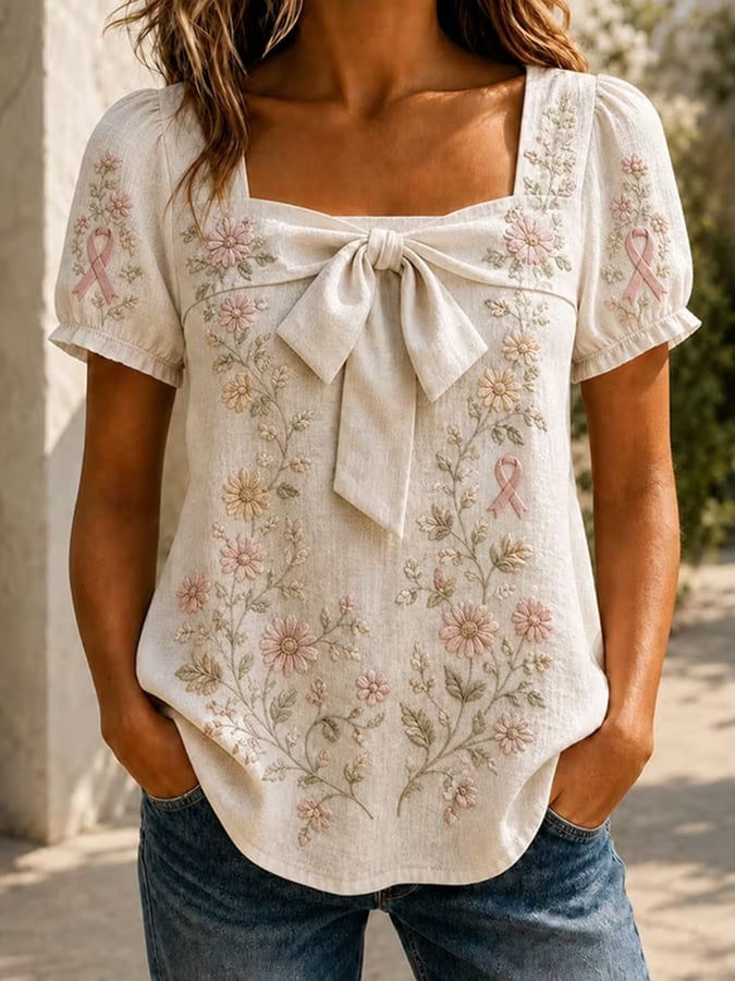 Women'S Pink Floral Breast Cancer Print Top