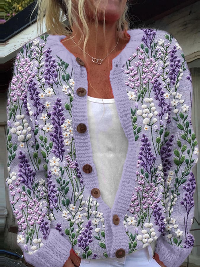 Women'S Purple Lavender Embroidery Cozy Knit Cardigan