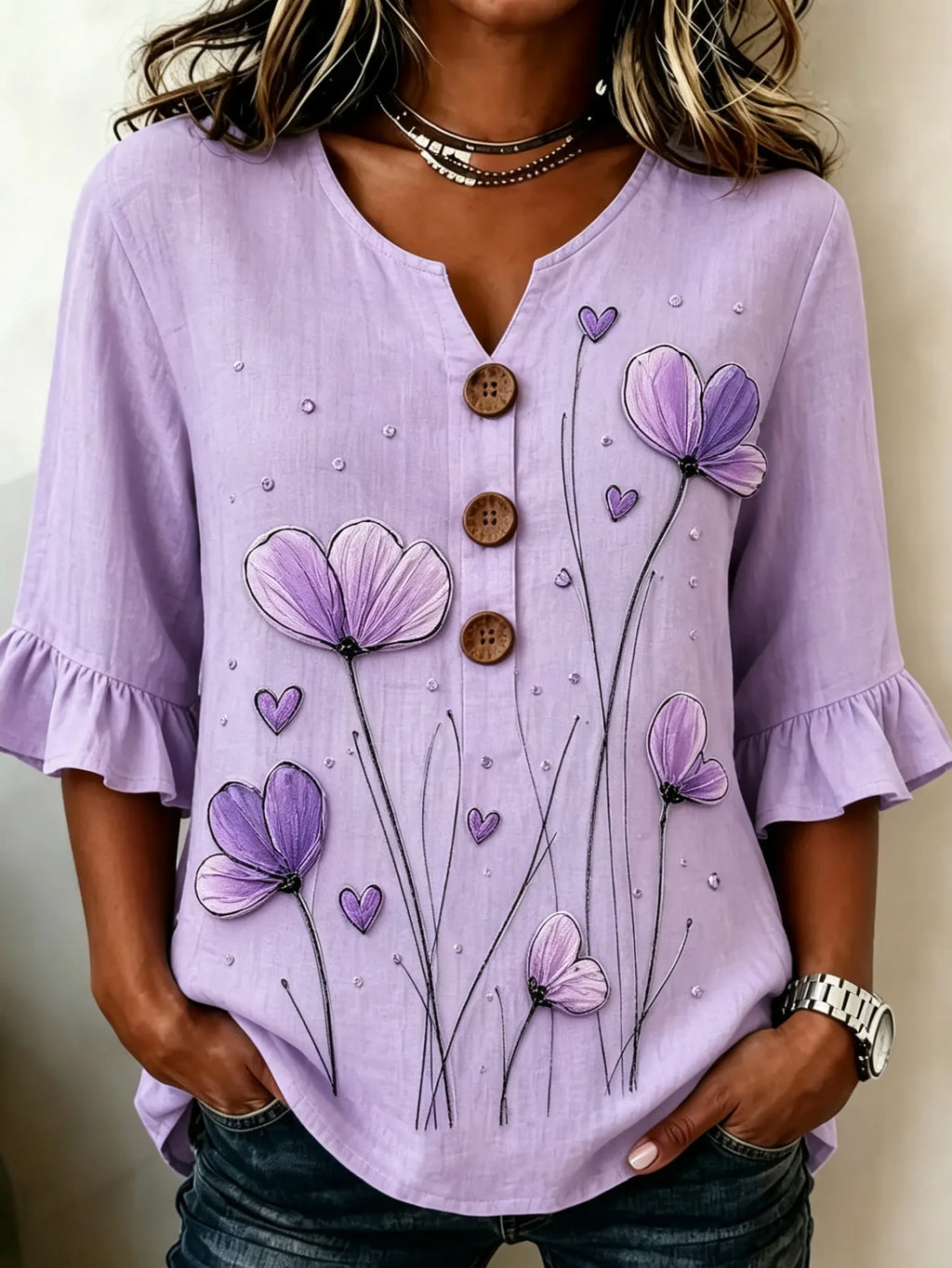Women's Retro Floral Art Print Linen Blend Casual Top