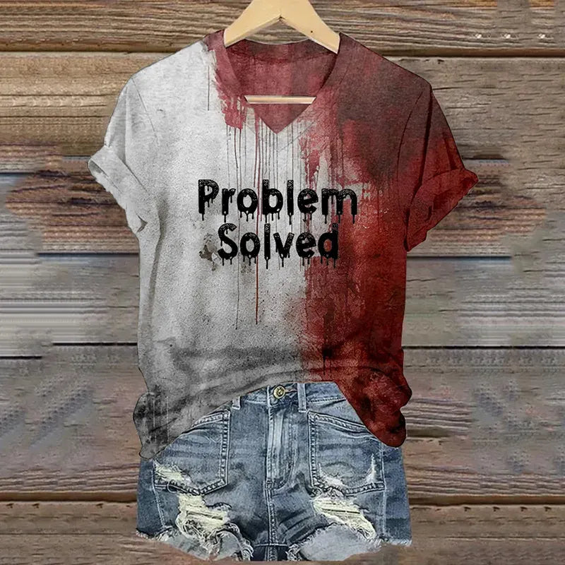 Women's Bloody Problem Solved Halloween Print V-neck T-shirt