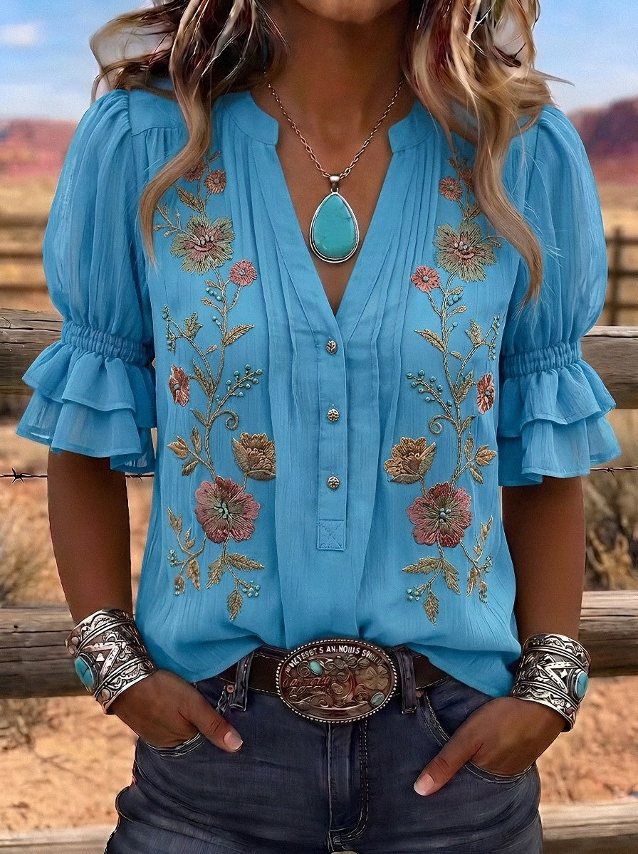 Women's Western Vintage Floral Embroidered Ruffle Sleeve Top