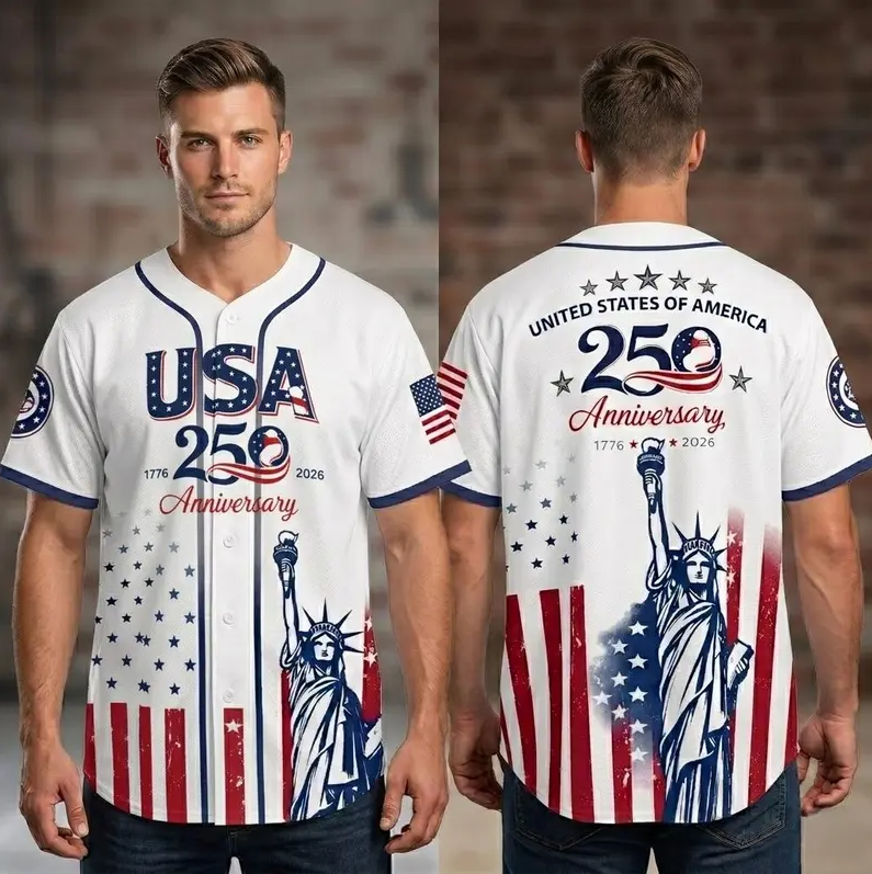 USA 250th Anniversary Baseball Jersey, Patriotic Statue of Liberty Print Shirt