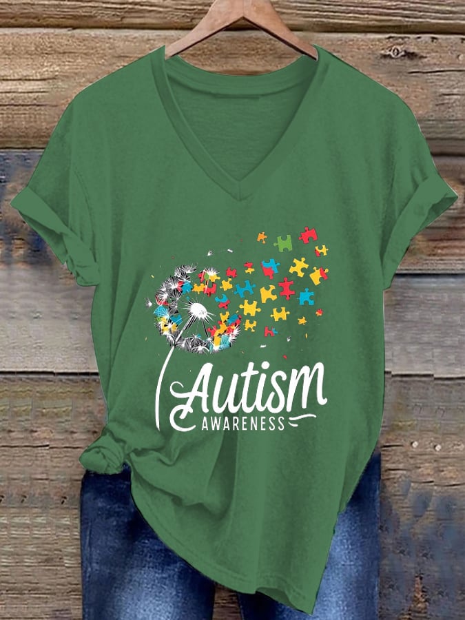 Women's  Autism Awareness Printed Casual V-Neck T-Shirt