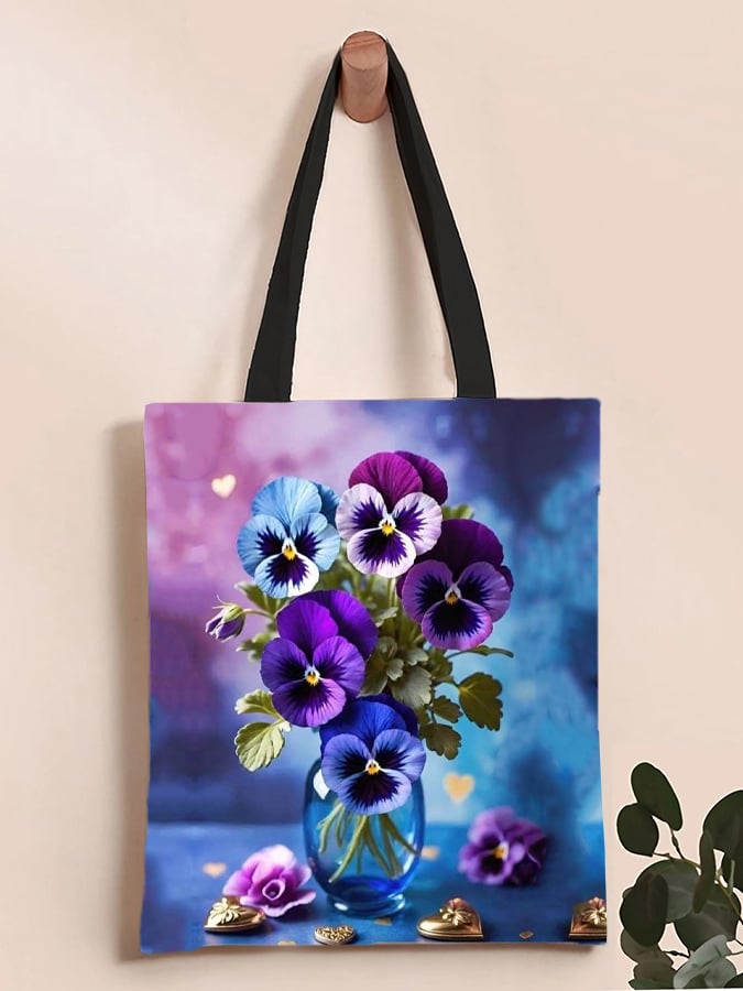 Foldable Travel Canvas  Purple Pansy Alzheimer's Awareness Floral Shoulder Bag
