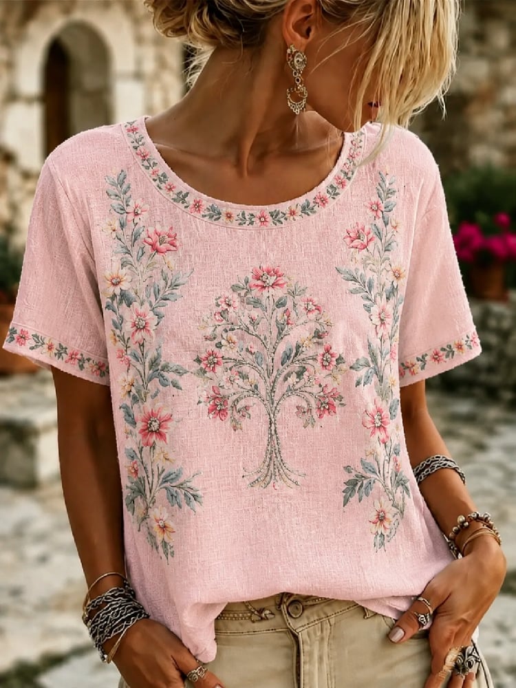 Women's Casual Retro Short-Sleeve Top with Floral Breast Cancer Awareness Print