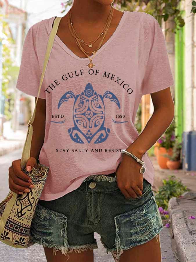 Women's Gulf Of Mexico Print V Neck Casual T-Shirt