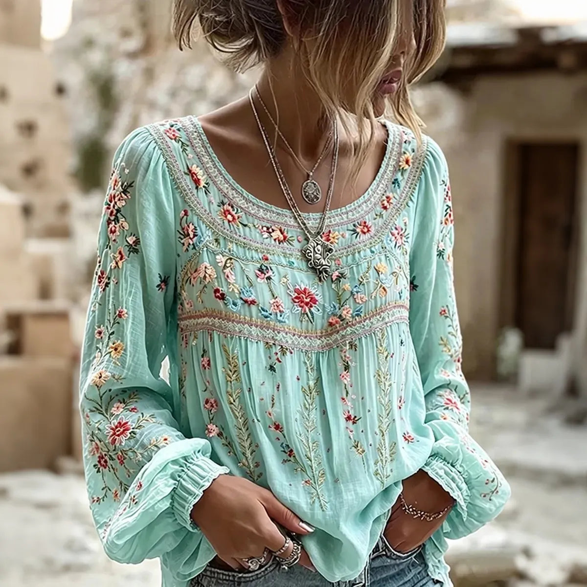 Women's Retro Bohemian Floral Embroidery Pattern Casual T-shirt