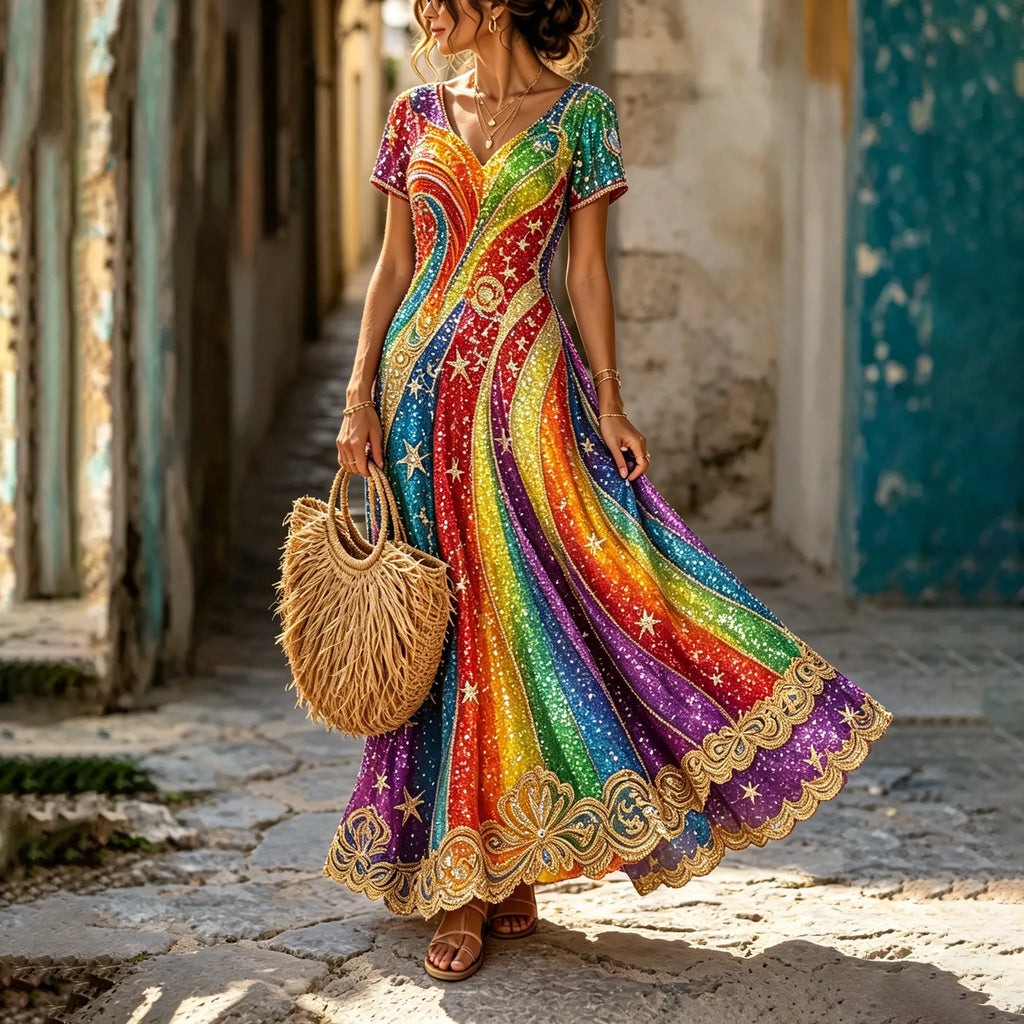 Women's Hippie Retro Rainbow Star Vacation V-neck Short-sleeved Dress