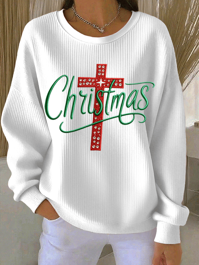 Women's Christmas Faith Print Knit Crew Neck Long Sleeve Top