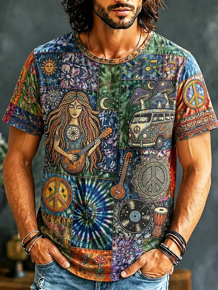 Men's Hippie Vibes Bus Mushroom Tie-dye All Over Print Cargo T-shirt