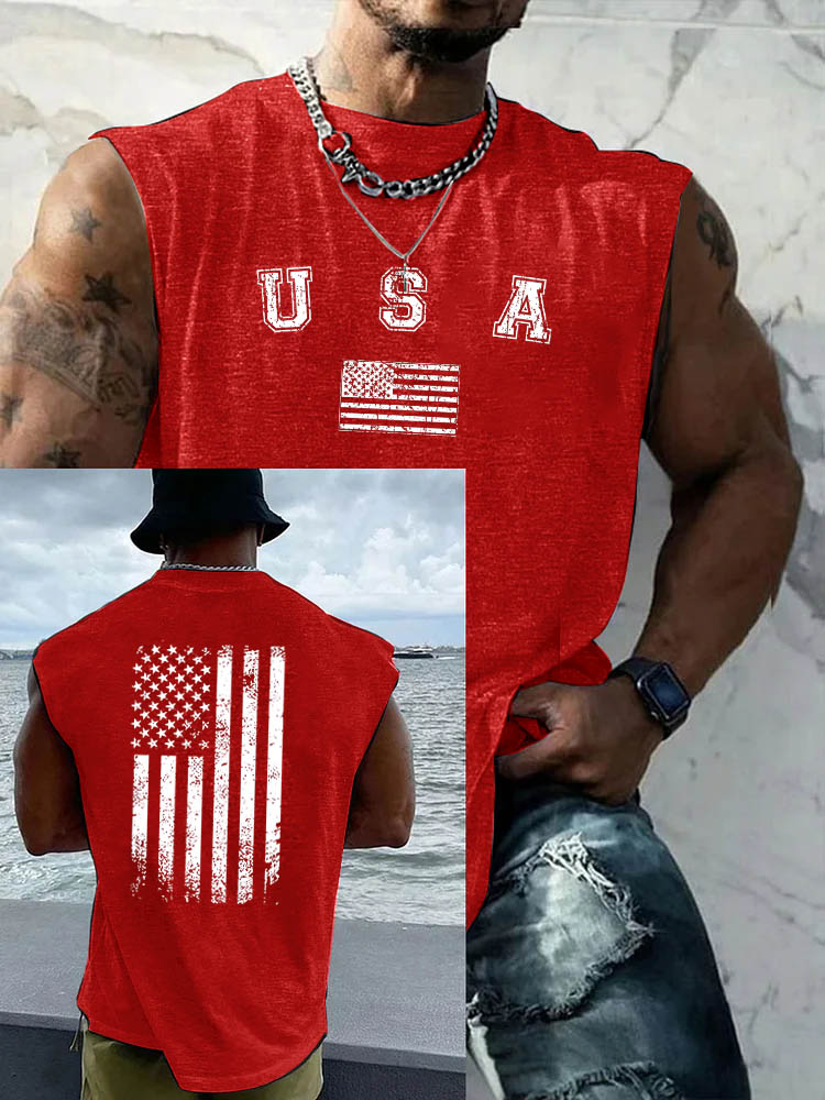 USA Pattern Round Neck 100% Cotton Tank Top
