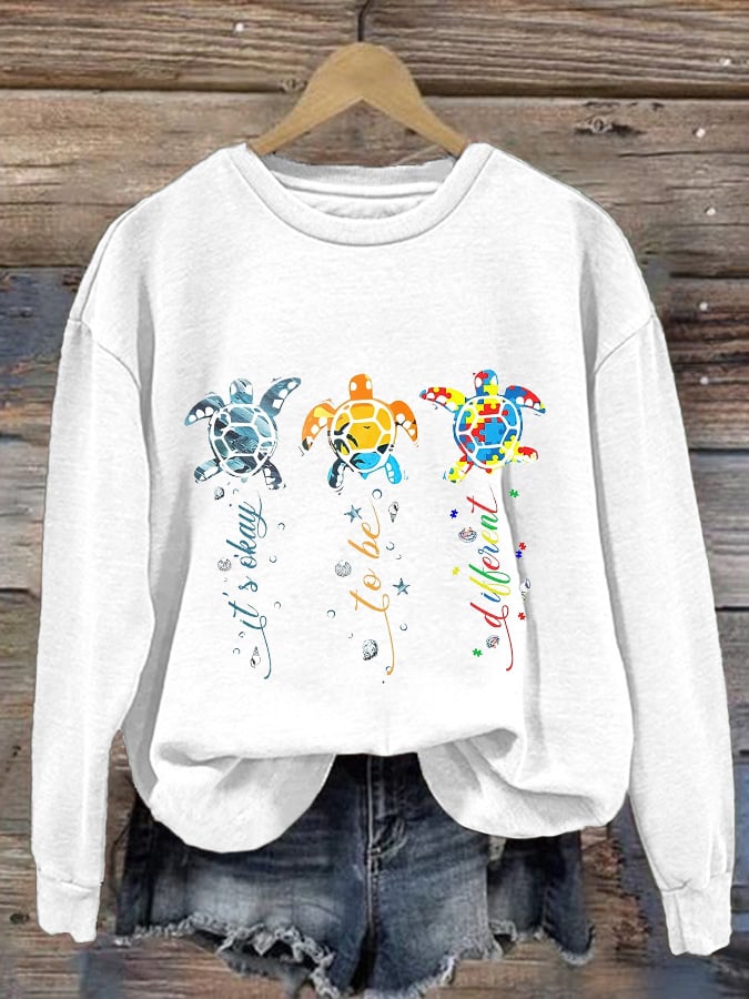 Retro Autism Awareness It’s Ok to Be Different Sea Turtle Print Sweatshirt