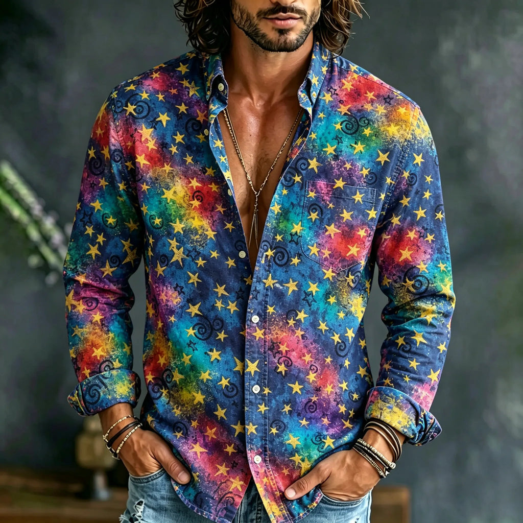Men's Retro Star Tie-dye Print Long-sleeve Cotton Linen Shirt