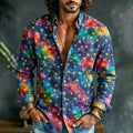 Men's Retro Star Tie-dye Print Long-sleeve Cotton Linen Shirt