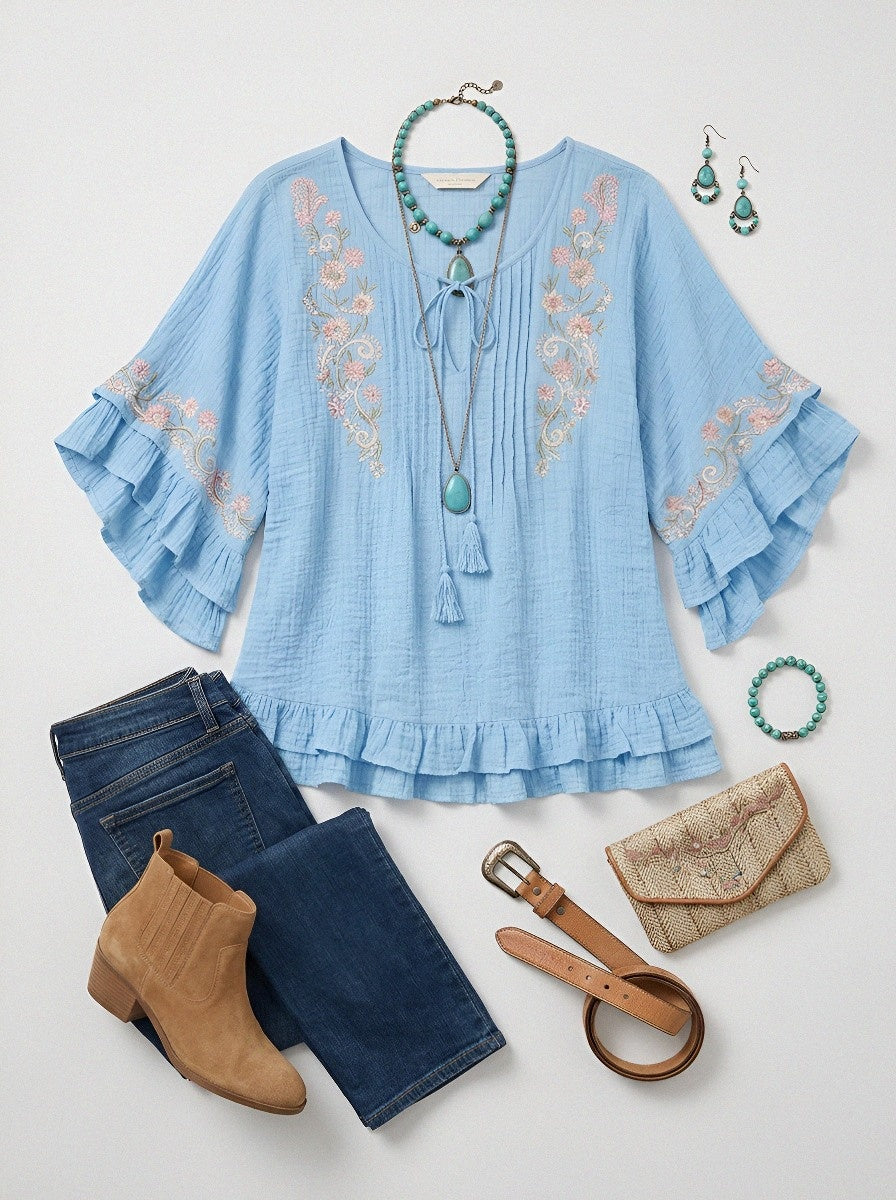 Women's Western Vintage Floral Embroidered Ruffle Sleeve Top