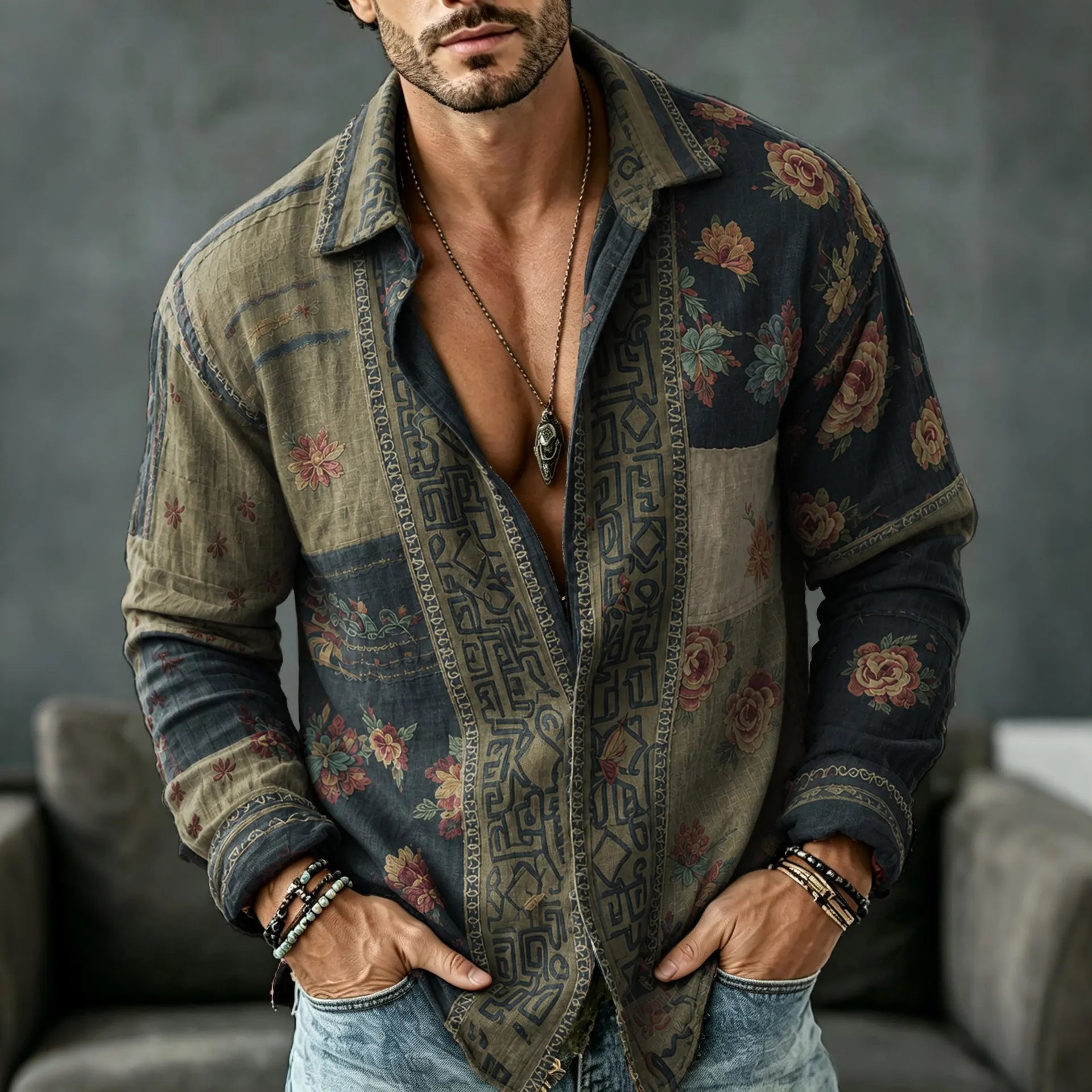 Men's Vintage Floral  Patchwork Embroidered Art Print Flowy Linen Blend Casual Shirt