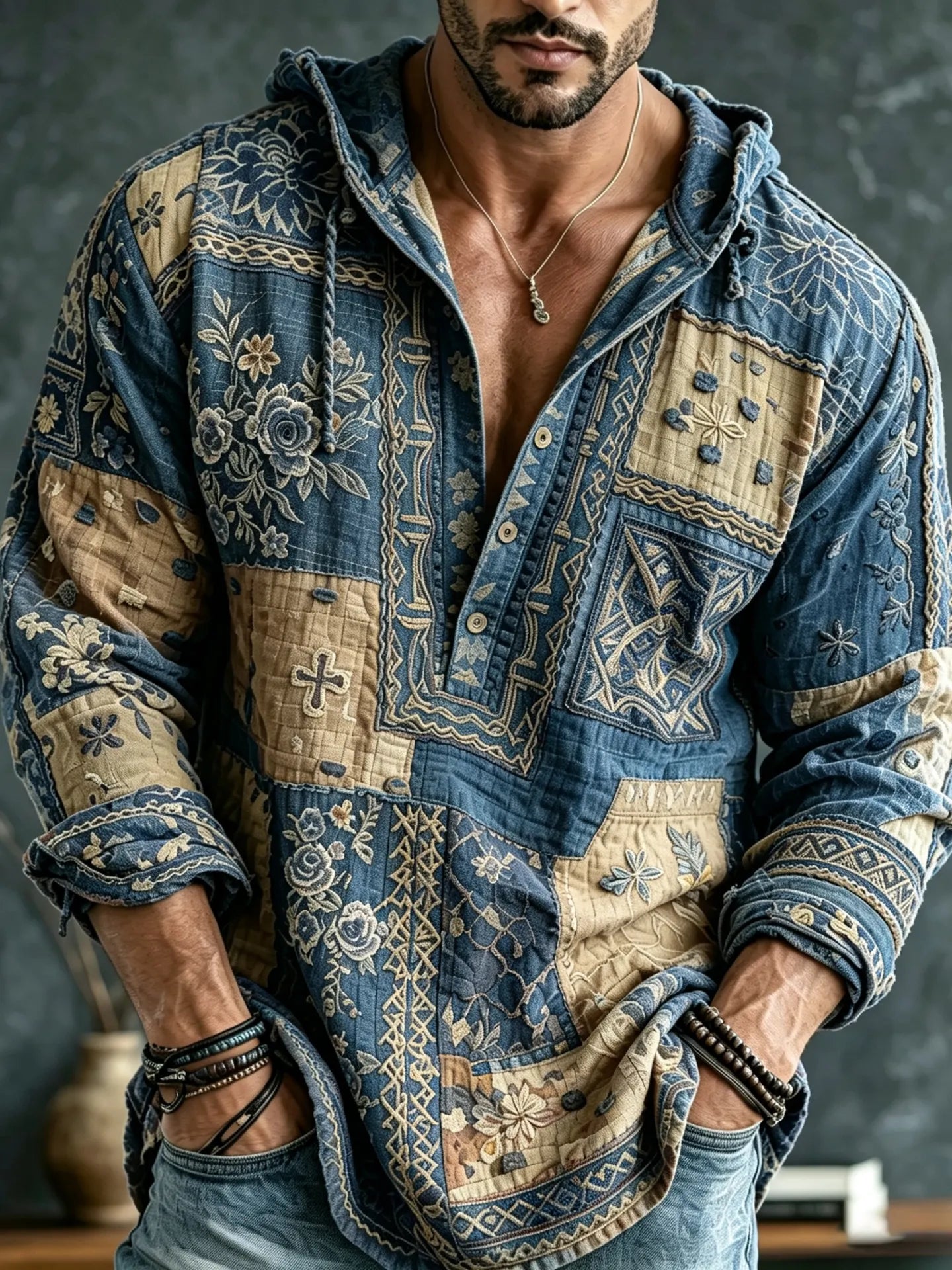 Men's Retro Floral  Patchwork Embroidered Art Print Flowy Linen Blend Casual  Hooded Shirt