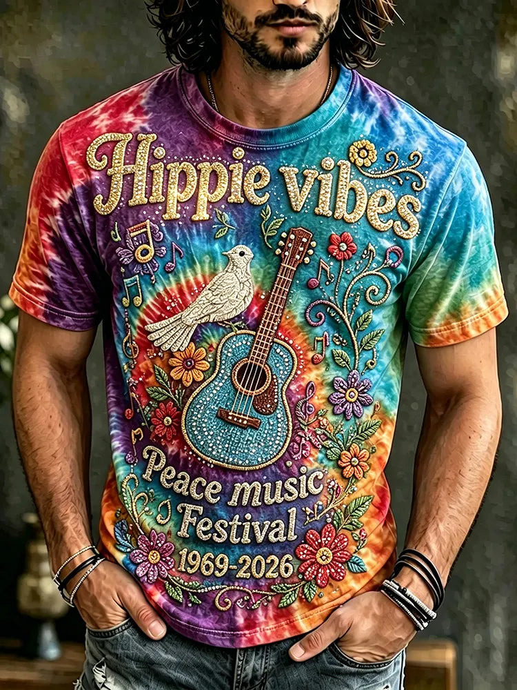 Men's Vintage 60s Tie Dye Music Art Retro Hippie Crew Neck T-shirt