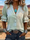 Women's Western Vintage Floral Embroidered Ruffle Sleeve Top