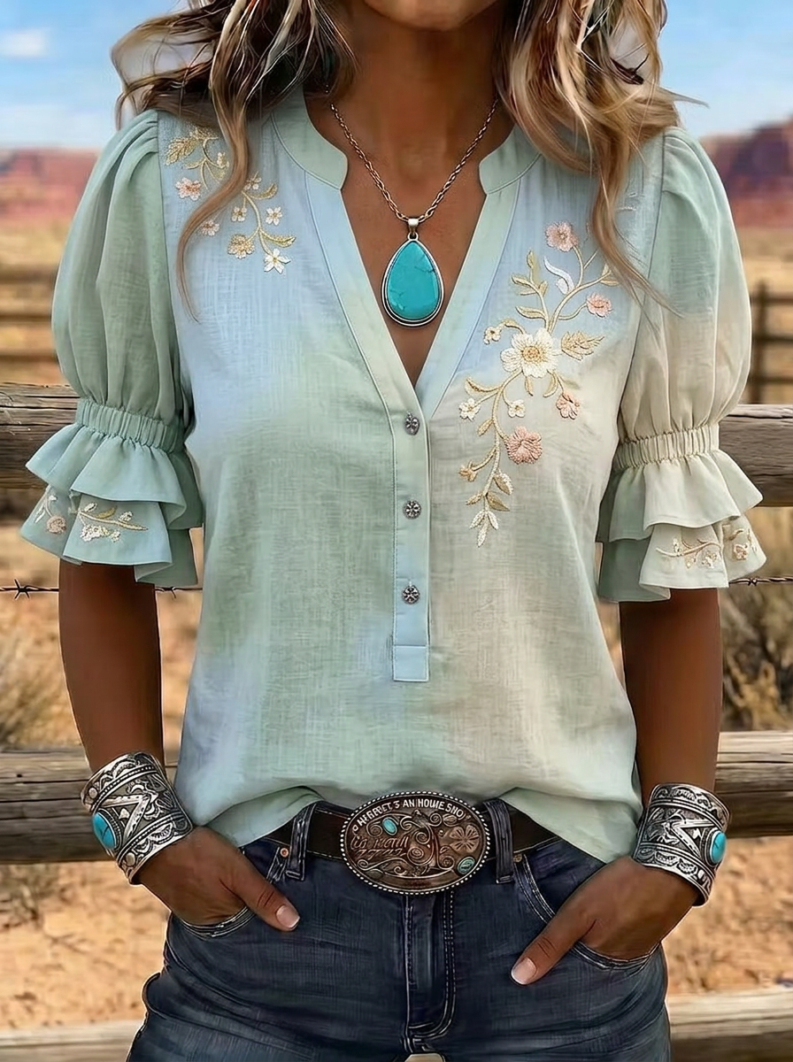 Women's Western Vintage Floral Embroidered Ruffle Sleeve Top