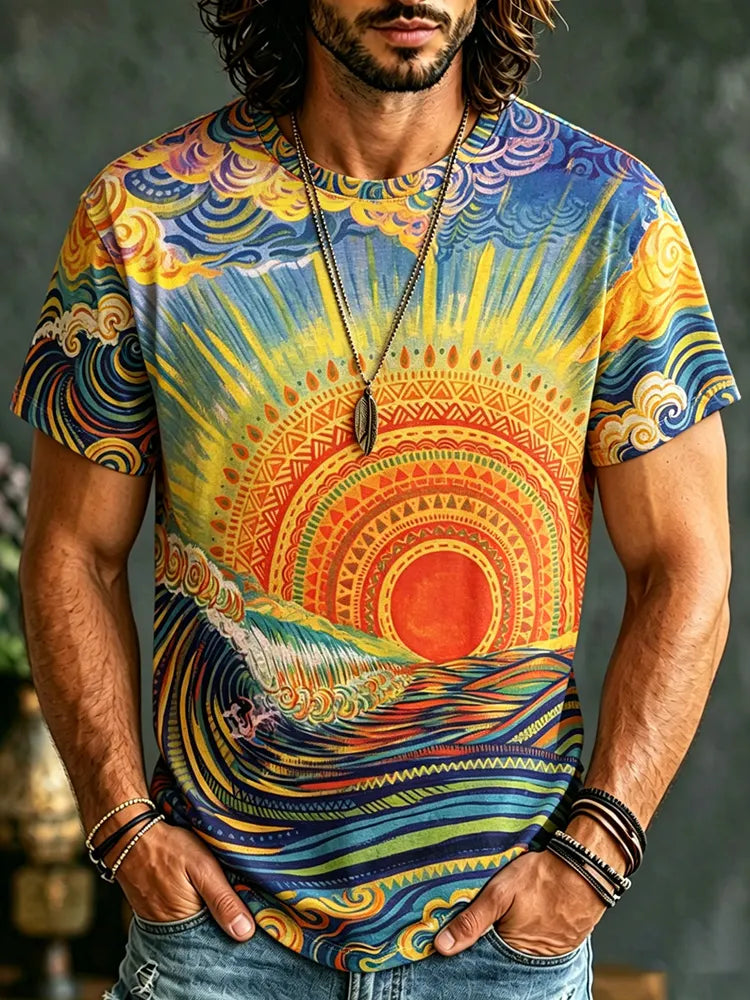 Men's Ethnic Sun And Wave Design T-shirt