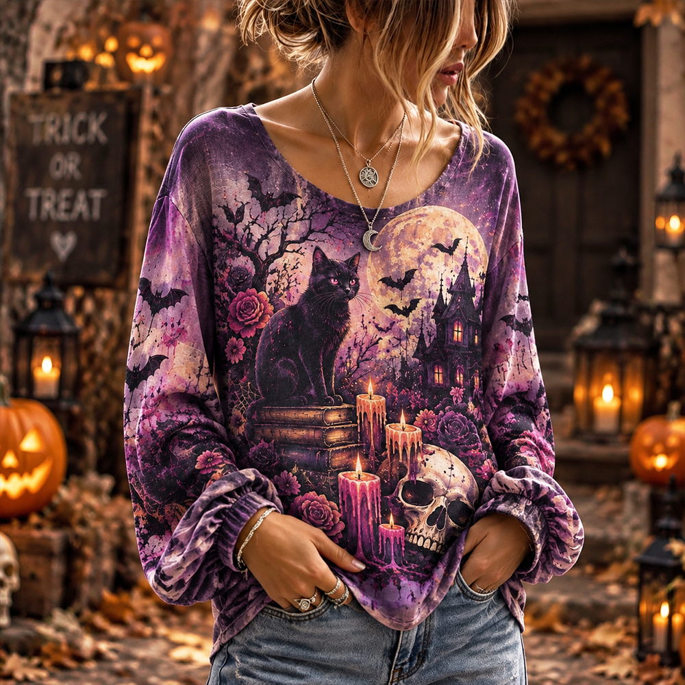Women's Halloween Gothic Black Cat, Castle & Skull Pattern Long-sleeve T-shirt