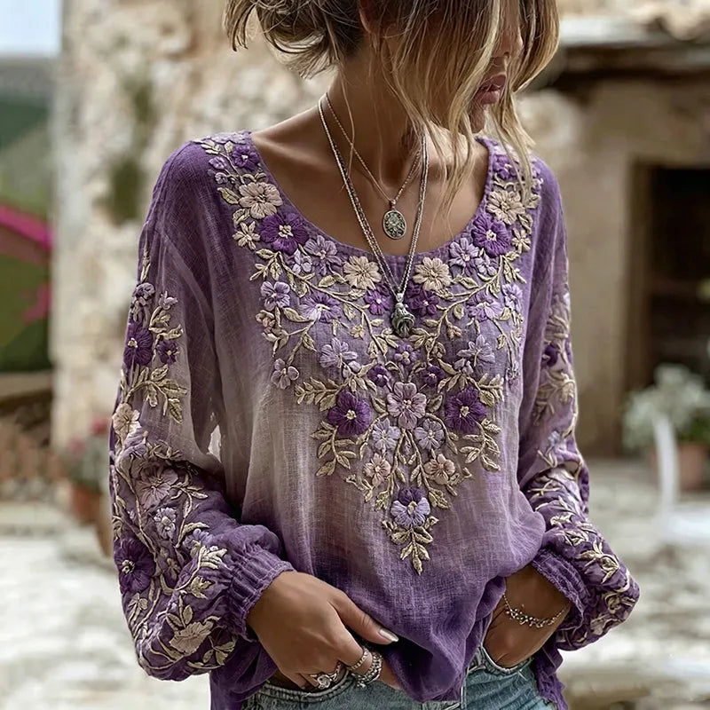 Women's Retro Bohemian Floral Gradient Crew Neck Long Sleeve Linen Blend T-shirt