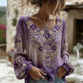 Women's Retro Bohemian Floral Gradient Crew Neck Long Sleeve Linen Blend T-shirt