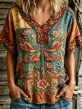 Women's Retro Bohemian Hippie Style Floral And Dragonfly Embroidered V-neck Top