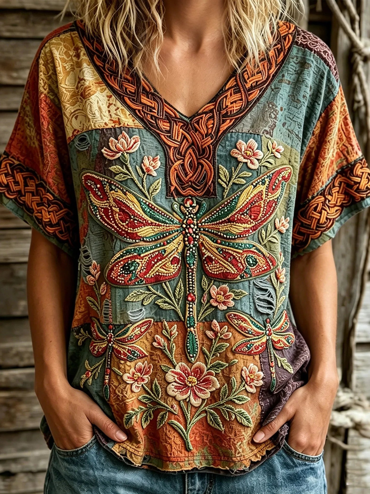 Women's Retro Bohemian Hippie Style Floral And Dragonfly Embroidered V-neck Top