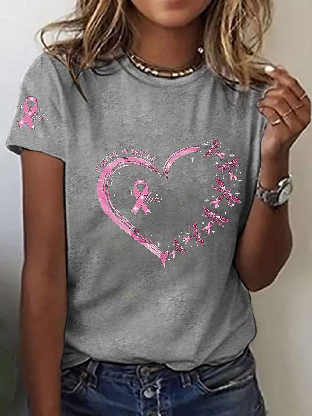 Women's Pink Ribbon Breast Cancer Awareness Print T-Shirt