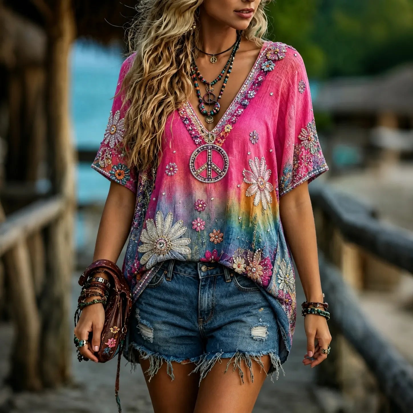 Women's Vintage Hippie Floral Gradient Art Linen Blend Short Sleeve Tops