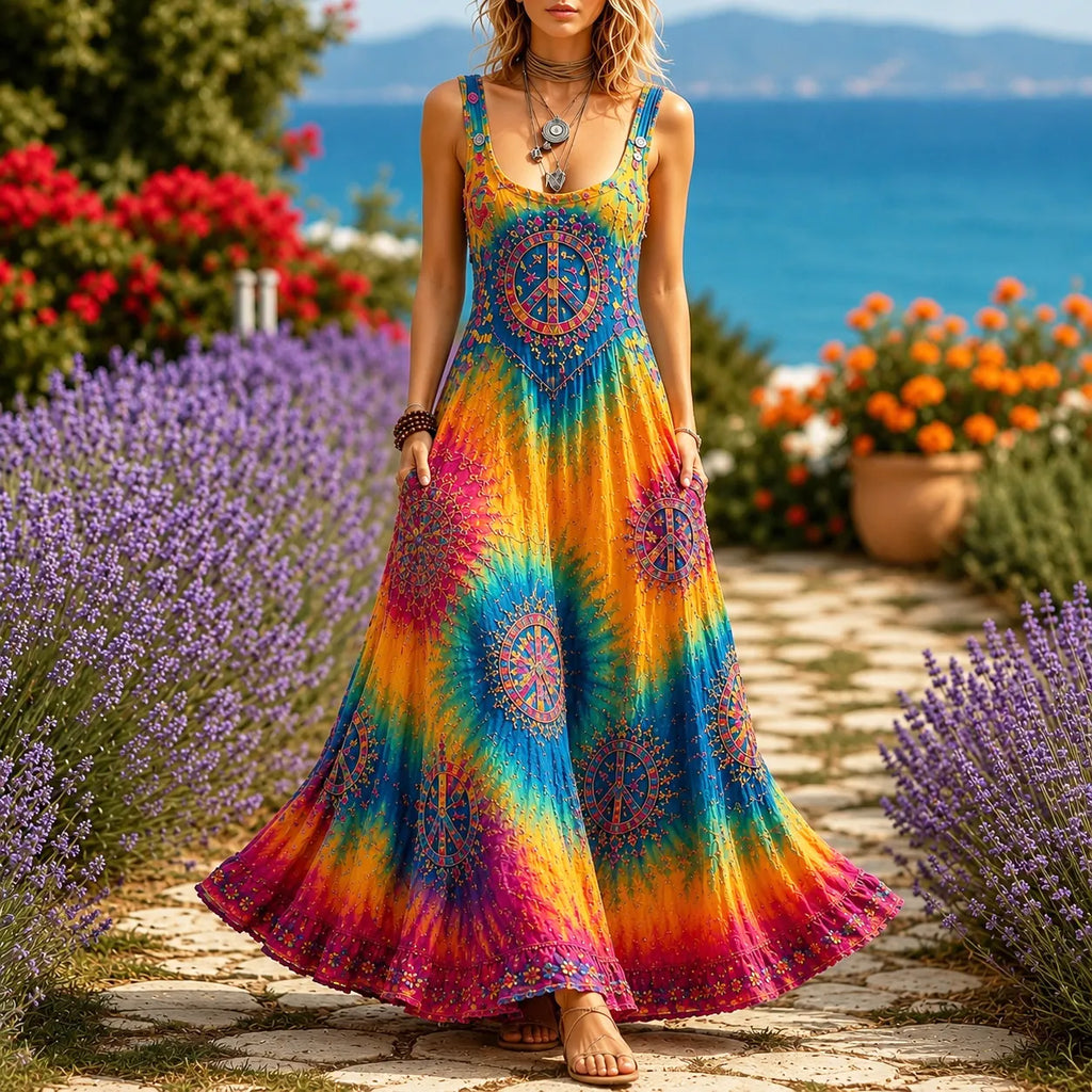 Women's Hippie Peace Sign Tie Dye Sleeveless Dress