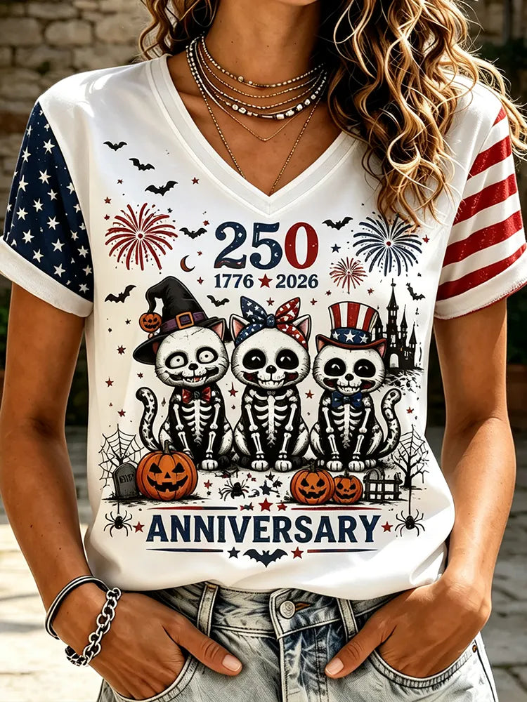 Women's V-neck Short Sleeve T-shirt Featuring 250th Anniversary Patriotic Skeleton Cats And Fireworks